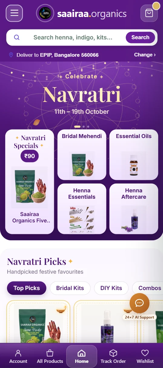 Saairaa Organics mobile homepage